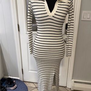 Abercrombie & Fitch Cream and Black Striped Long Sleeve Dress